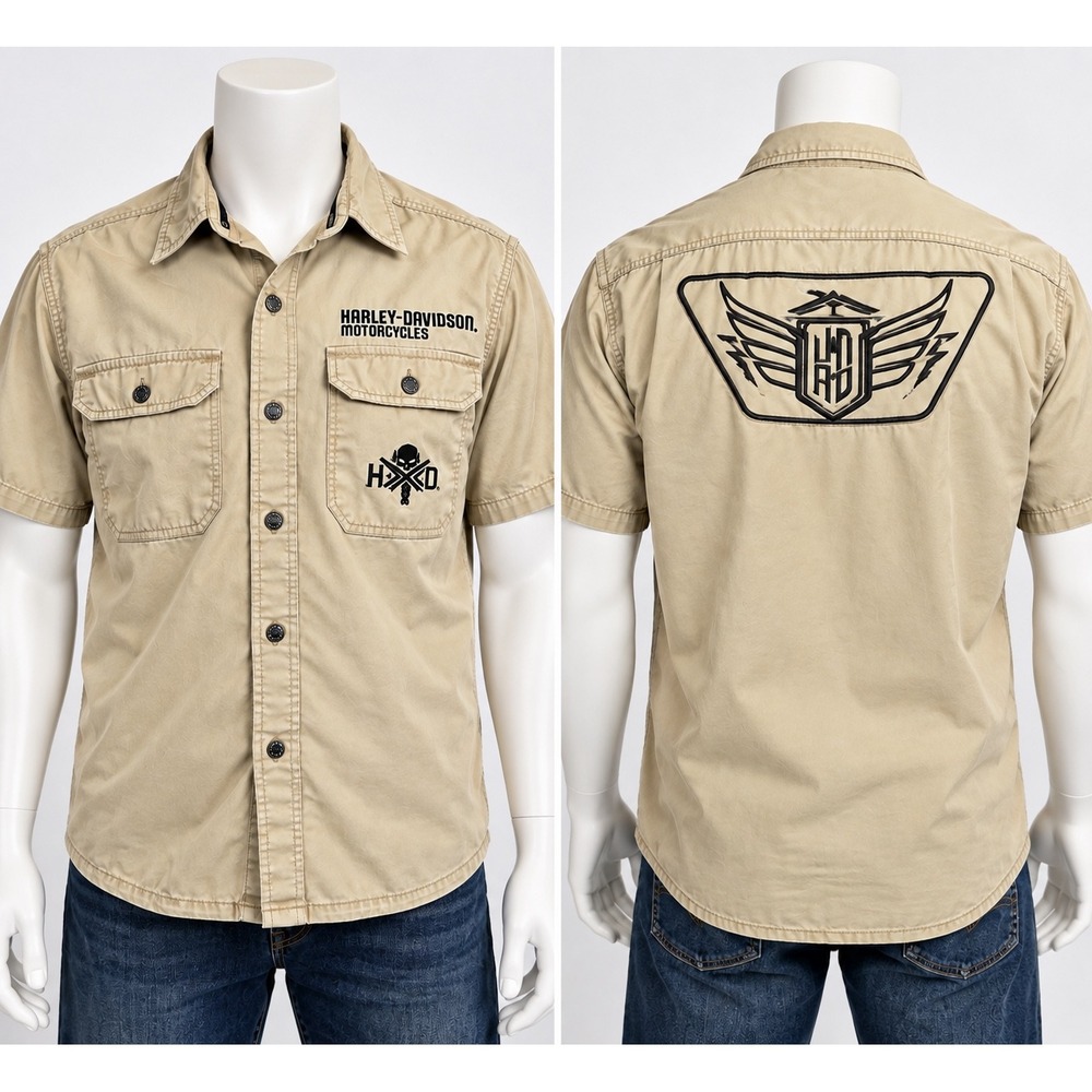 Harley-Davidson Vintage Button Up Shirt Graphic Tan Biker L Mens Short Sleeve